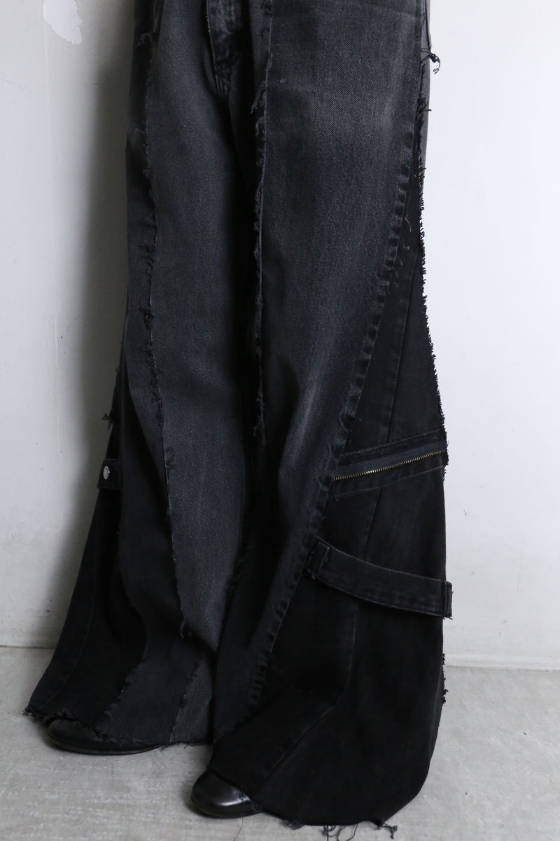 remake "再構築" black belt loop design flare denim pants