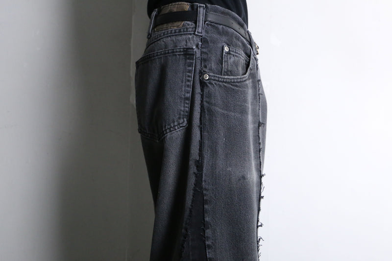 remake "再構築" black belt loop design flare denim pants