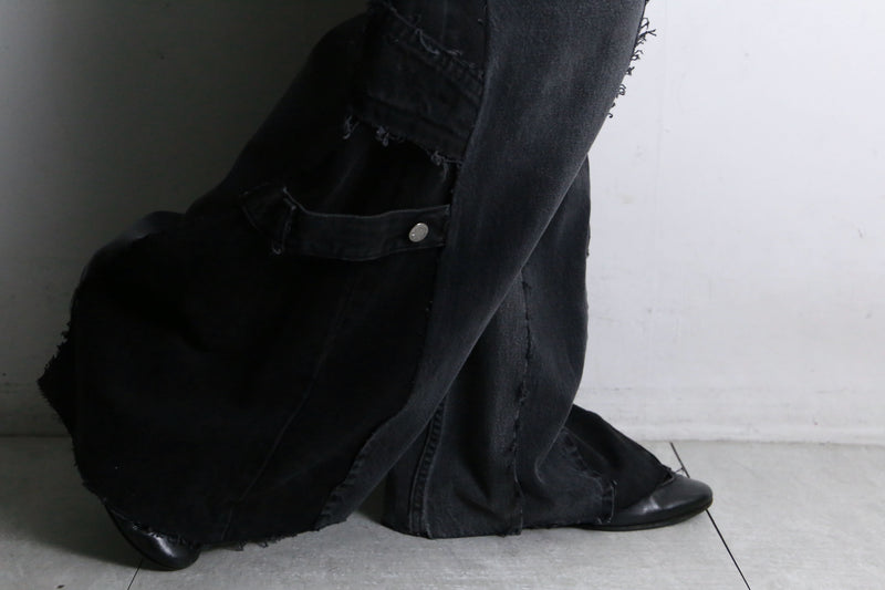 remake "再構築" black belt loop design flare denim pants