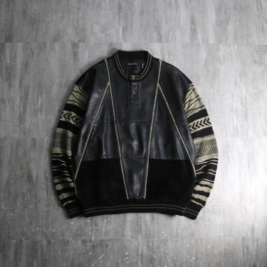 1980-90s SAXONY leather combi henry neck 3D knit pull