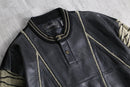 1980-90s SAXONY leather combi henry neck 3D knit pull