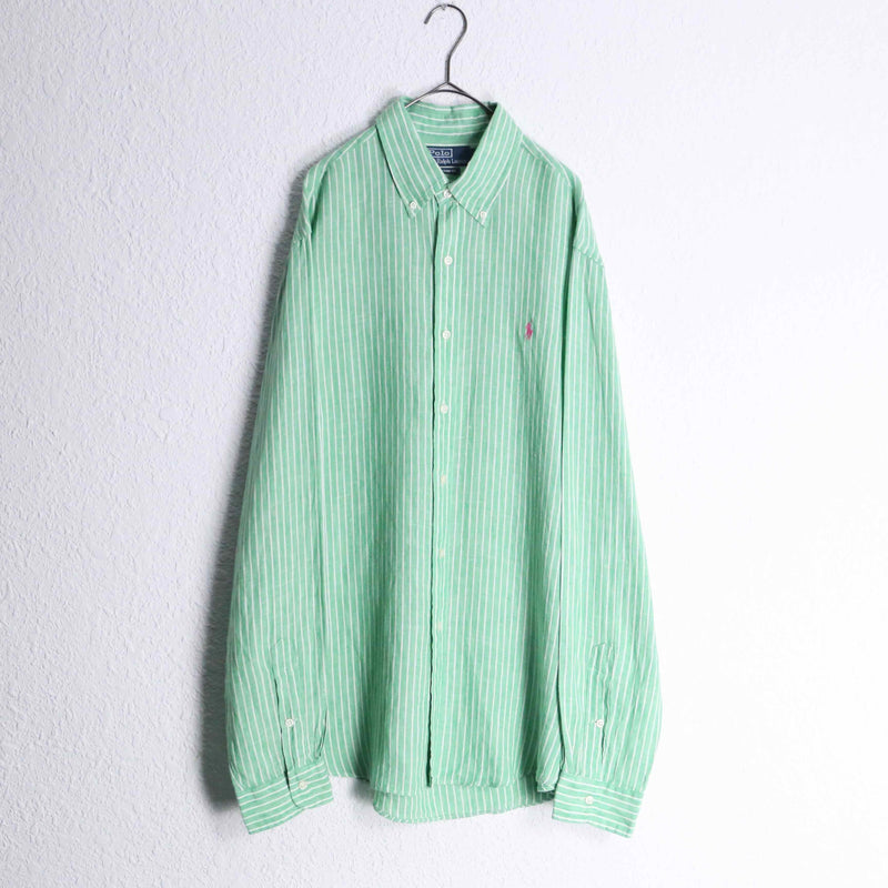 "Ralph Lauren" green × white linen L/S shirt