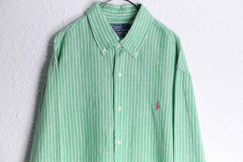 "Ralph Lauren" green × white linen L/S shirt