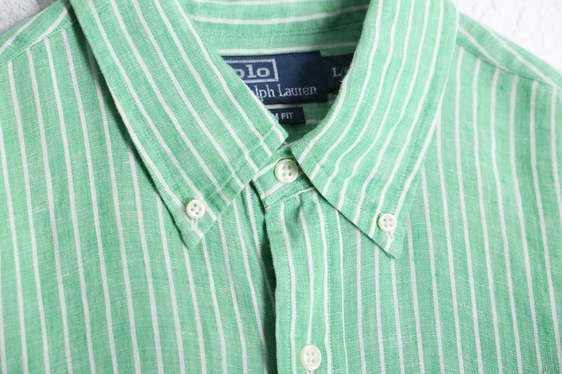 "Ralph Lauren" green × white linen L/S shirt