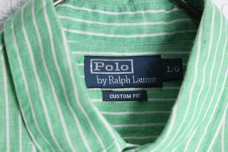 "Ralph Lauren" green × white linen L/S shirt