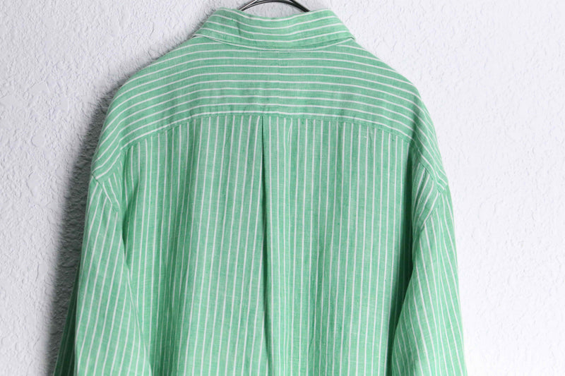 "Ralph Lauren" green × white linen L/S shirt