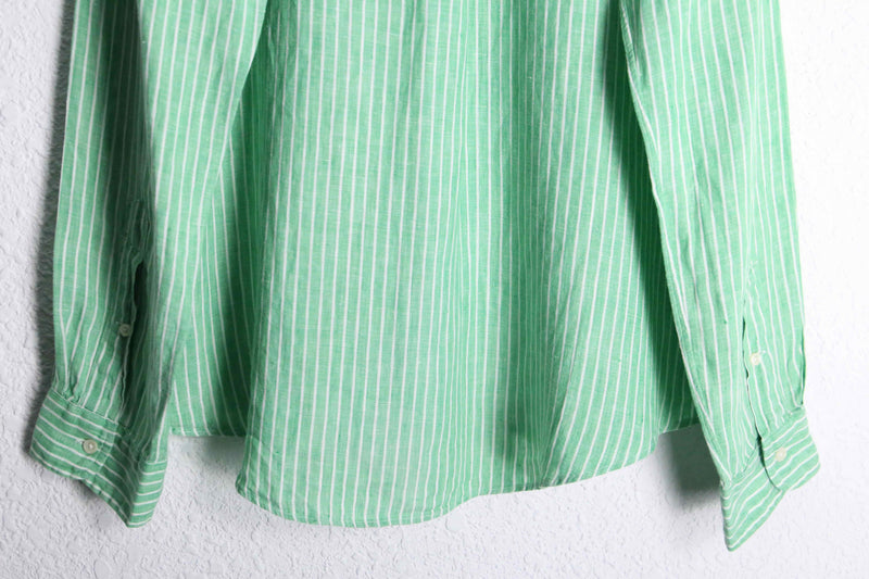 "Ralph Lauren" green × white linen L/S shirt