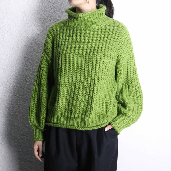 green mock neck hand knit sweater