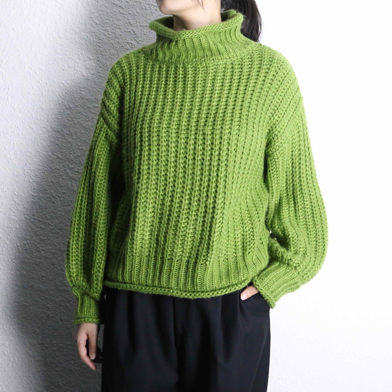 green mock neck hand knit sweater