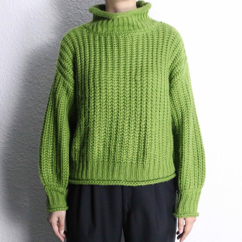 green mock neck hand knit sweater