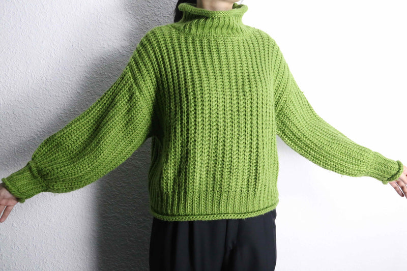 green mock neck hand knit sweater