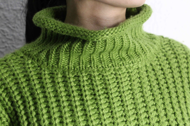 green mock neck hand knit sweater