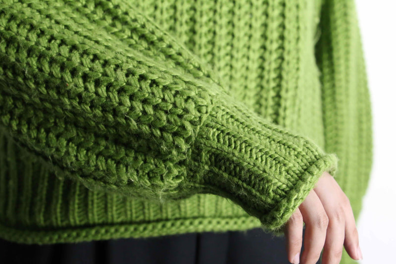 green mock neck hand knit sweater