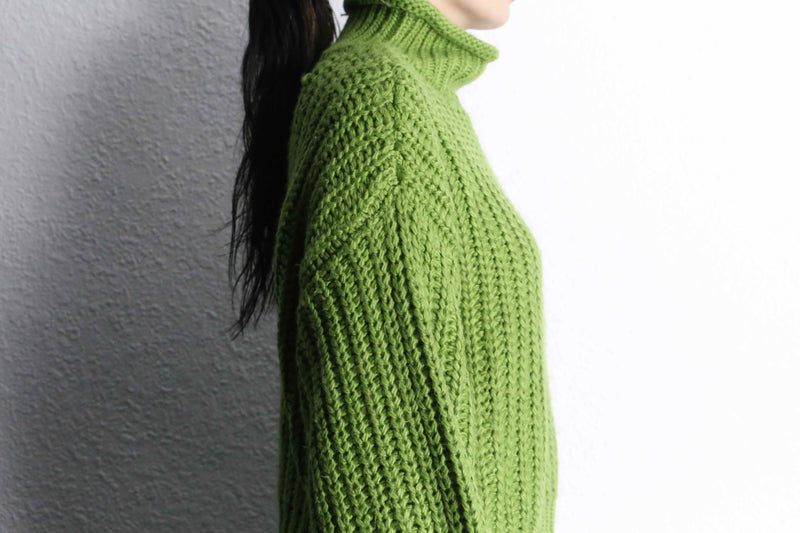 green mock neck hand knit sweater