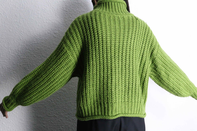 green mock neck hand knit sweater