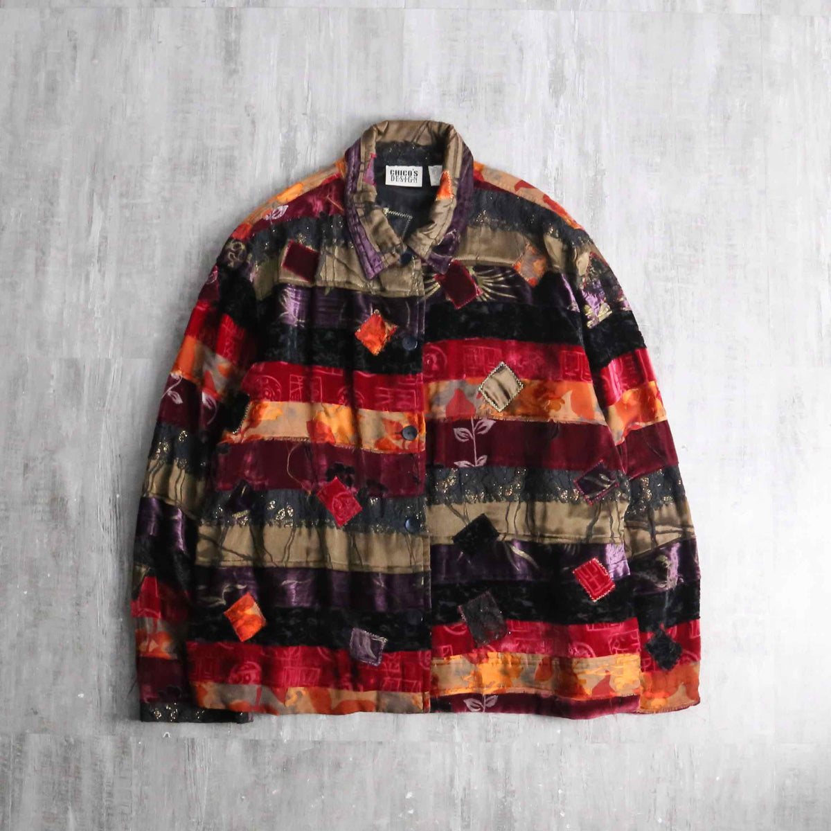 90s CHICO’S 刺繍 パッチワーク デザイン デニムトラッカージャケット CHICO'S DESIGN” patchwork design jacket