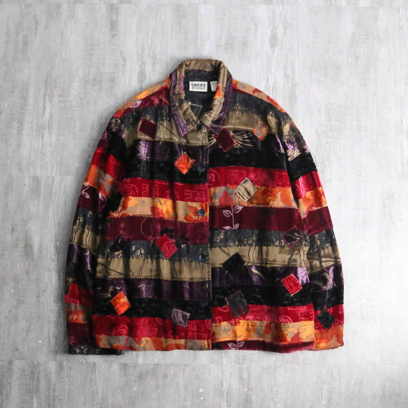 90s CHICO’S 刺繍 パッチワーク デザイン デニムトラッカージャケット CHICO'S DESIGN” patchwork design jacket
