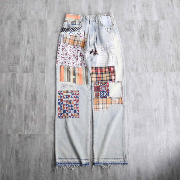 many patchwork design straight denim pants