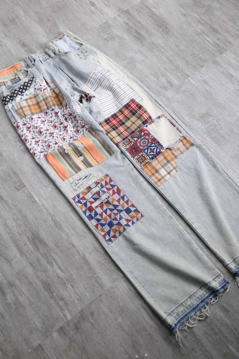 many patchwork design straight denim pants