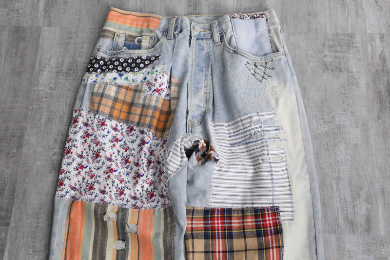 many patchwork design straight denim pants