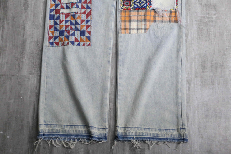many patchwork design straight denim pants