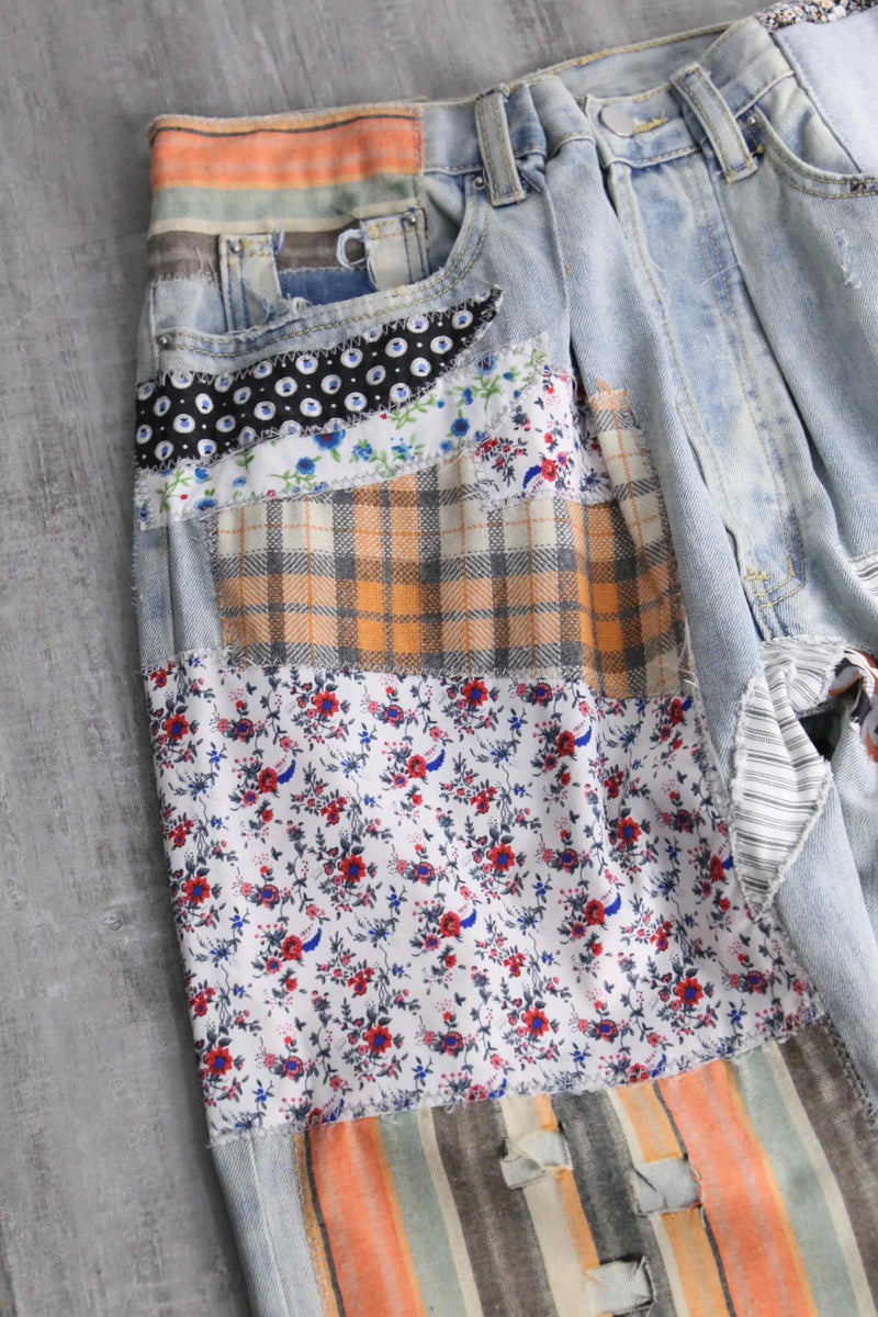 many patchwork design straight denim pants