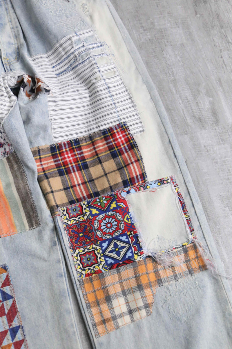 many patchwork design straight denim pants