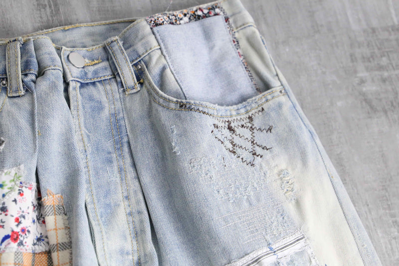 many patchwork design straight denim pants