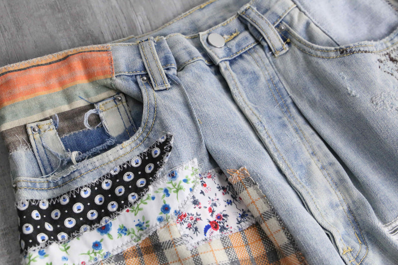 many patchwork design straight denim pants