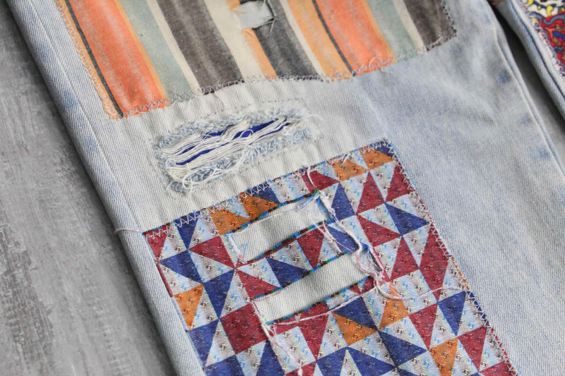 many patchwork design straight denim pants