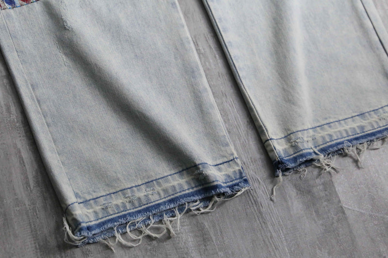many patchwork design straight denim pants
