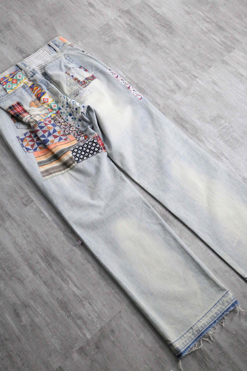 many patchwork design straight denim pants