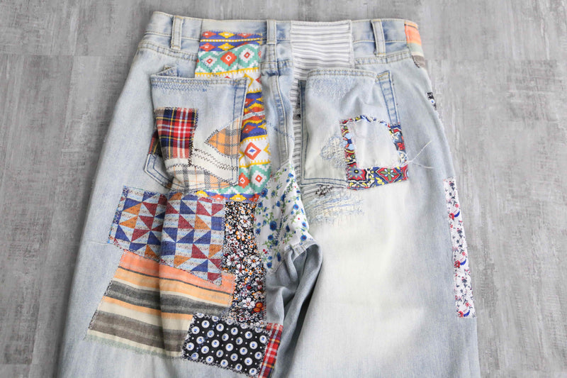 many patchwork design straight denim pants