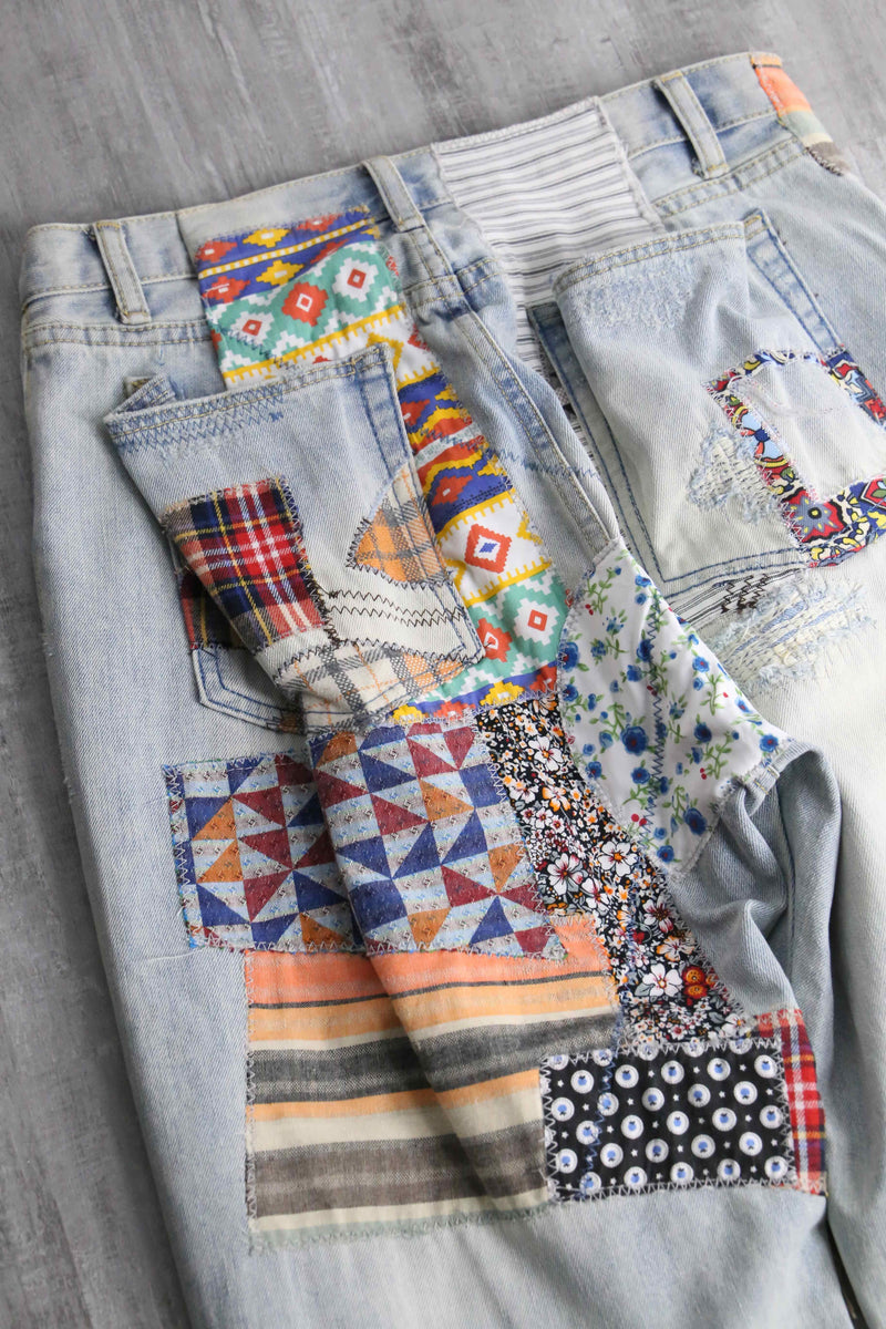 many patchwork design straight denim pants