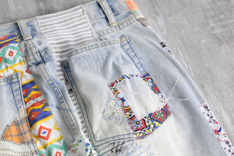 many patchwork design straight denim pants