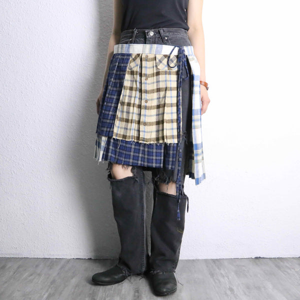 "Re:make" many check docking wrap layered skirt