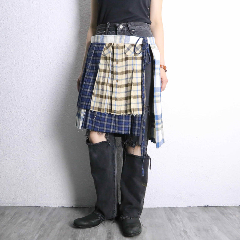 "Re:make" many check docking wrap layered skirt