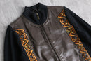 “Bob Mackie”art-deco embroidered leather zip-up jacket