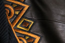 “Bob Mackie”art-deco embroidered leather zip-up jacket