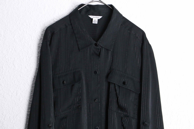"CalvinKlein" black lame stripe pattern L/S shirt
