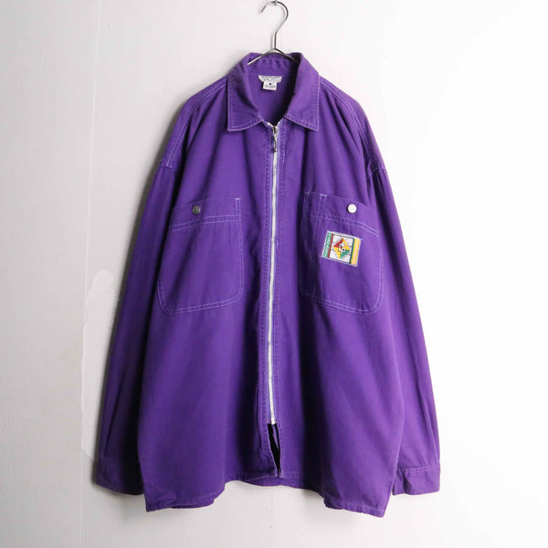 purple zip up denim jacket