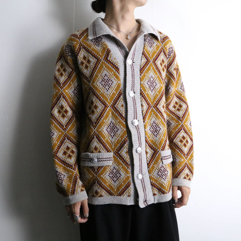 yellow base color diamond pattern jacquard cardigan