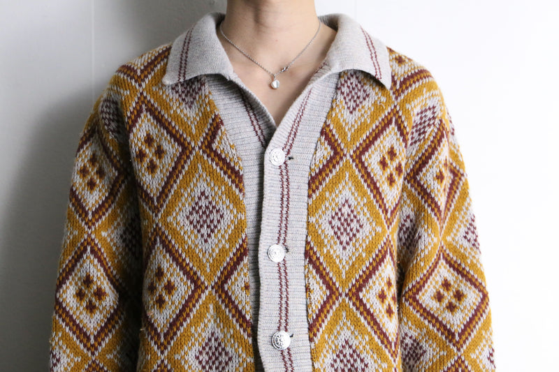 yellow base color diamond pattern jacquard cardigan