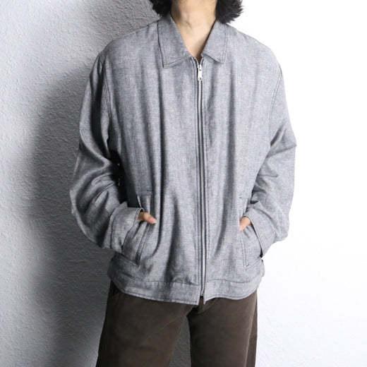 herringbone linen cotton zip-up blouson jacket