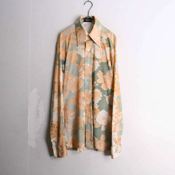 70's pale yellow flower pattern slim poly dress shirt