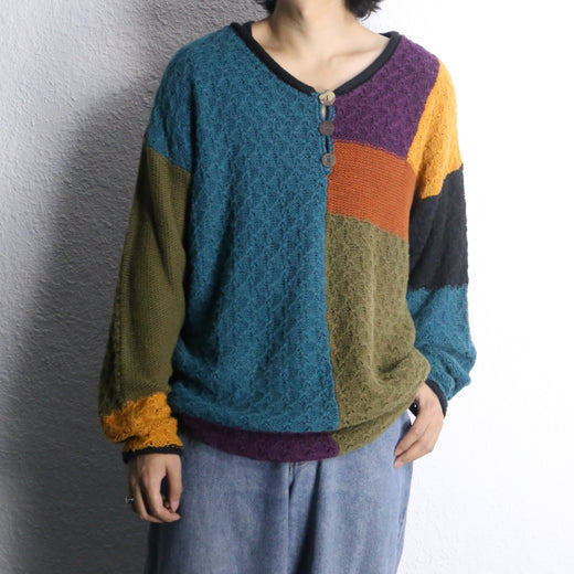 multicolor patchwork ramie cotton textured knit half button pullover
