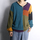multicolor patchwork ramie cotton textured knit half button pullover