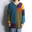 multicolor patchwork ramie cotton textured knit half button pullover