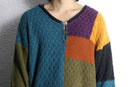 multicolor patchwork ramie cotton textured knit half button pullover