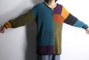 multicolor patchwork ramie cotton textured knit half button pullover